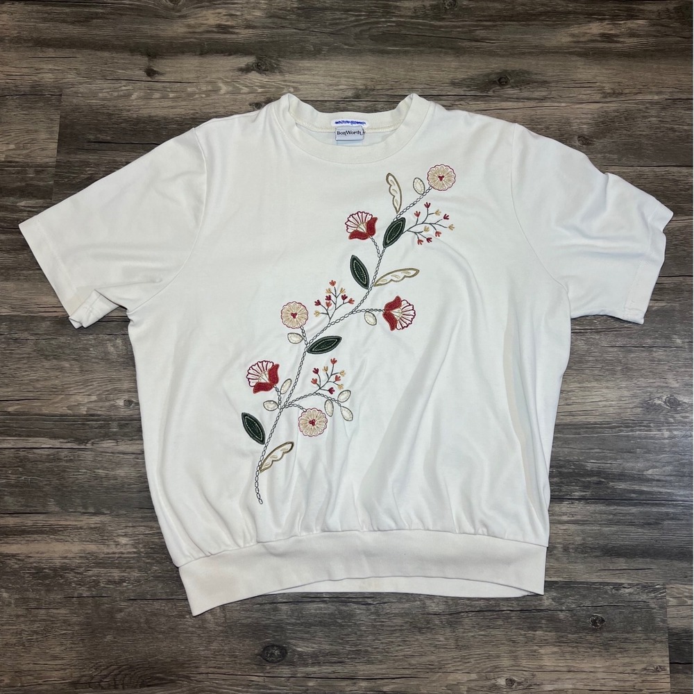 BonWorth Floral Embroidered Cream Knit‎ Top Cottagecore Boho Women's L XL